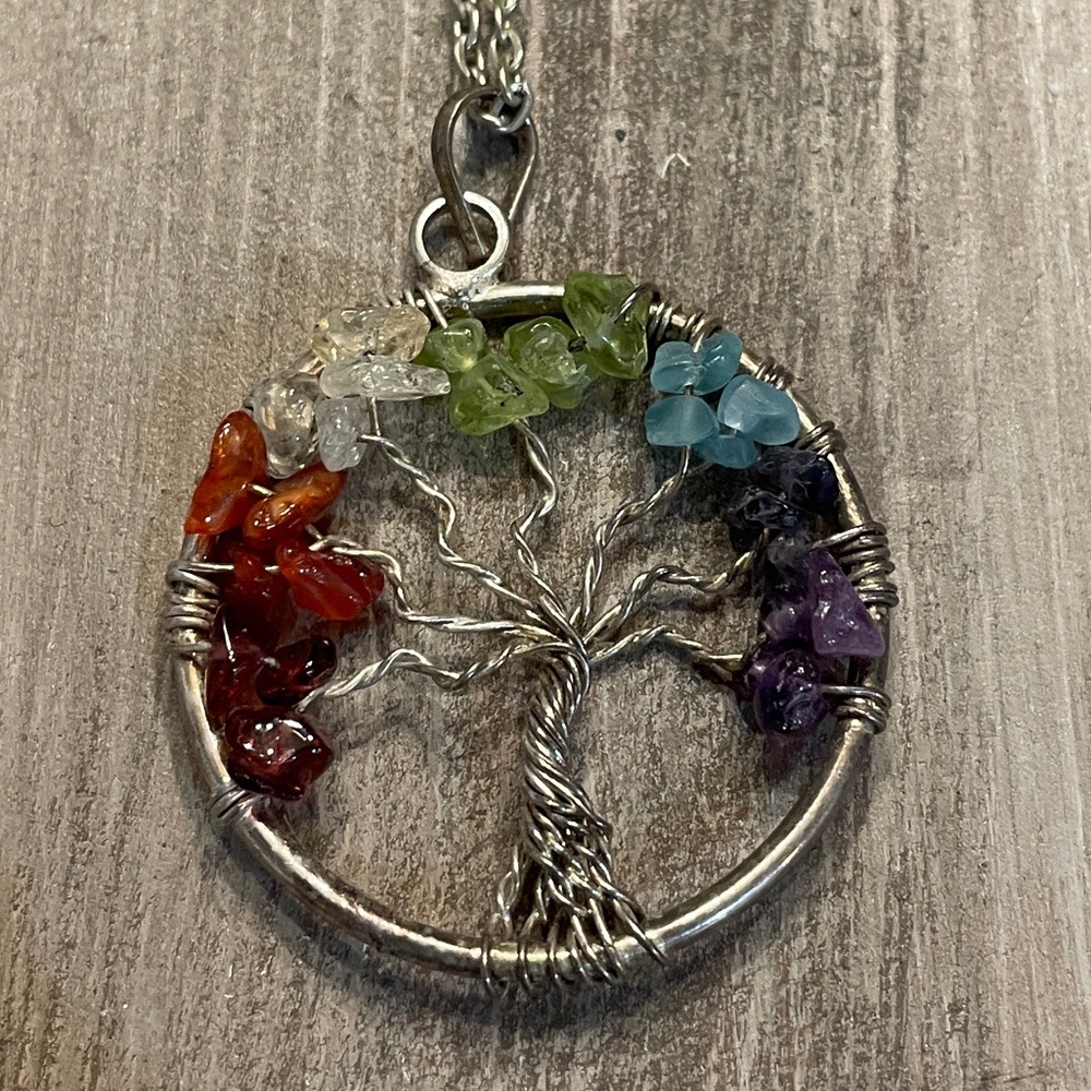 Silver Tree of Life Pendant Necklace with Multicolor Gemstones